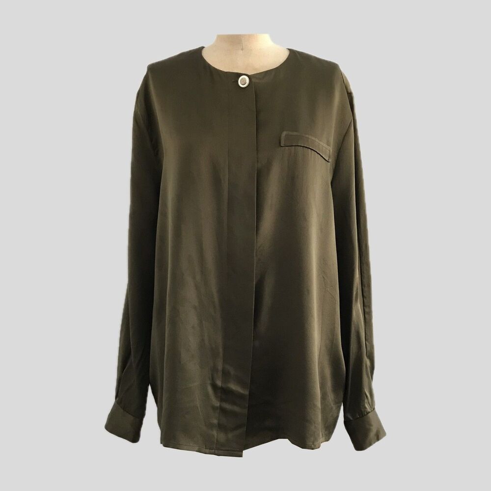Vintage 90s Valerie Stevens Olive Green Silk Long Sleeve Blouse Womens L